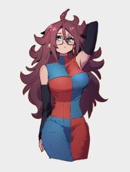 Rule 34 | 1girl, android 21, black-framed eyewear, blue eyes, brown hair, checkered clothes, checkered dress, cropped legs, curly hair, detached sleeves, dragon ball, dragon ball (classic), dragonball z, dress, earrings, glasses, hoop earrings, jewelry, kemachiku, long hair, simple background, sleeveless, sleeveless dress, solo, spiked hair, standing, two-tone dress, white background