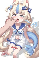 1boy 1girl absurdres animal_ear_fluff animal_ears bikini blonde_hair blue_bow blue_eyes blue_streaks bow cat_ears crab dress finger_in_another&#039;s_mouth fins fish_tail highres indie_virtual_youtuber navel one_side_up open_clothes open_dress sameko_saba shorts simple_background striped_bikini striped_clothes swimsuit tail tail_wagging virtual_youtuber white_background white_dress white_shorts yyfuu