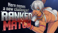 1girl absurdres aqua_eyes ass bikini bracelet capcom dark-skinned_female dark_skin elena_(street_fighter) english_text female_focus highres jewelry looking_at_viewer oggy_(oggyoggy) open_mouth smile solo street_fighter street_fighter_6 swimsuit teeth upper_teeth_only white_bikini