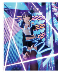 1girl artbook asaka_karin belt black_thighhighs blowing_kiss blue_eyes blunt_bangs breasts bridal_gauntlets crop_top garter_straps hat highres looking_at_viewer love_live! love_live!_nijigasaki_high_school_idol_club medium_hair midriff mini_hat mole multiple_moles navel non-web_source official_art one_eye_closed purple_hair shorts solo thighhighs top_hat vivid_world_(love_live!)
