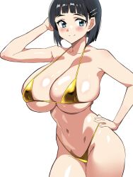 1girl arm_behind_head bikini black_hair blue_eyes blush breasts gold_bikini hair_ornament hairclip hand_on_own_hip highres kagemusha kirigaya_suguha large_breasts looking_at_viewer navel short_hair simple_background smile solo swimsuit sword_art_online white_background