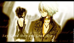 00s 1boy 1girl 2007 7h2o player_character_(mabinogi) bad_id bad_pixiv_id brown_hair collar dress elbow_gloves gloves jacket letterboxed looking_back mabinogi ponytail white_hair