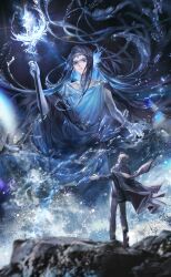 Rule 34 | 1boy, 1other, absurdly long hair, annoyed, arionus (shining nikki), artist request, bare arms, black cape, black hair, black jacket, black shoes, blazer, blue eyes, blue robe, business suit, cape, circlet, cliff, closed mouth, coat, collarbone, dress pants, dress shoes, elf, fins, floating clothes, floating hair, formal clothes, from behind, frown, full body, furrowed brow, game cg, giant, grey coat, grey hair, grey pants, head fins, highres, holding, holding polearm, holding weapon, hydrokinesis, jacket, layered sleeves, long hair, long sleeves, looking ahead, mercury (shining nikki), night, nikki (series), official art, outdoors, outstretched arm, pants, pointy ears, polearm, robe, shining nikki, shoes, short hair, side cape, sidelocks, size difference, splashing, suit, trident, very long hair, water, water drop, weapon