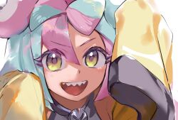 1girl akiyama_youkou commentary_request eyelashes hair_between_eyes highres iono_(pokemon) looking_at_viewer multicolored_hair nintendo open_mouth pokemon pokemon_sv sharp_teeth simple_background sleeves_past_fingers sleeves_past_wrists solo teeth upper_body upper_teeth_only white_background
