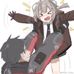 Rule 34 | &gt; &lt;, 1boy, 1girl, black gloves, black hair, blush, brown jacket, commander (girls&#039; frontline), embarrassed, facial hair, girls&#039; frontline, girls&#039; frontline 2: exilium, gloves, highres, jacket, lifting person, m200 (girls&#039; frontline), necktie, ponytail, shirt, skirt, smart oval, stubble, twitter username, waving arm, white shirt