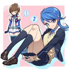 ... 2girls bare_shoulders black_jacket black_skirt black_socks blue_girl blue_hair blue_nails blue_necktie brown_hair brown_shoes closed_mouth clover_facial_mark collared_shirt cosplay costume_switch dual_persona elbow_gloves full_body gloves hair_between_eyes jacket long_sleeves looking_at_viewer medium_hair multiple_girls musical_note necktie open_clothes open_jacket pira_811 puff_of_air purple_eyes school_uniform shirt shoes short_hair skirt smile socks spoken_ellipsis spoken_musical_note sweatdrop sweater_vest thighhighs twitter_username vest yu-gi-oh! yu-gi-oh!_vrains zaizen_aoi