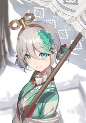 Rule 34 | 1girl, absurdres, argyle clothes, argyle kimono, cecilia immergreen, cecilia immergreen (new year), closed mouth, commentary, doll joints, double bun, flower, green eyes, green hair, green kimono, grey hair, hair bun, hair flower, hair ornament, highres, holding, holding umbrella, hololive, hololive english, japanese clothes, joints, kimono, lace, lace-trimmed kimono, lace trim, looking at viewer, multicolored hair, official alternate costume, outdoors, short hair, smile, snow, solo, tree, umbrella, vakuuberi, virtual youtuber, winding key