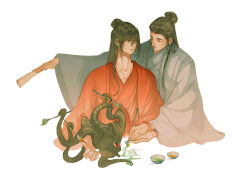 Rule 34 | 2boys, black eyes, black hair, calligraphy, calligraphy brush, chinese clothes, chinese commentary, chinese text, closed eyes, closed mouth, coat, collarbone, creature, dao gui yi xian, eye contact, eyeball, fishandwine, folded fan, folding fan, hair between eyes, hair bun, half updo, hand fan, hanfu, highres, holding, holding calligraphy brush, holding fan, holding hands, holding paintbrush, invisible table, li huowang, li sui (tentacles), long hair, long sleeves, looking at another, male focus, multiple boys, open clothes, open coat, outstretched arm, paintbrush, parted lips, red coat, red eyes, red hanfu, robe, sidelocks, simple background, single hair bun, sitting, smile, tentacles, upper body, watercolor effect, white background, white coat, white hanfu, wide sleeves, writing, yaoi, zhuge yuan