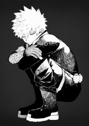 Rule 34 | 1boy, bakugou katsuki, belt, black background, boku no hero academia, boots, closed eyes, closed mouth, commentary request, crossed arms, explosive, gloves, grenade, greyscale, hatching (texture), highres, hugging own legs, long sleeves, male focus, monochrome, neminemisho, pants, short hair, simple background, solo, spiked hair, squatting, superhero costume