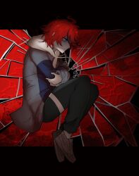 ahoge black_border blue_eyes border full_body glass highres hood hoodie long_sleeves messy_hair red_background red_hair shattered simple_background sumino_takumi the_hundred_line_-last_defense_academy-