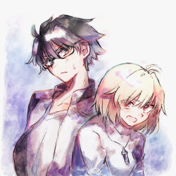 1234543212345 1boy 1girl ahoge arcueid_brunestud black_hair blonde_hair blush glasses highres jacket jewelry looking_at_another necklace open_mouth red_eyes shirt short_hair sweatdrop sweater tohno_shiki tsukihime tsukihime_(remake) turtleneck turtleneck_sweater upper_body white_shirt
