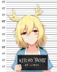 1girl antlers bandaid bandaid_on_face blonde_hair blouse blue_shirt character_name closed_mouth collarbone commentary_request dragon_horns empty_eyes expressionless frown hair_between_eyes highres holding horns kicchou_yachie looking_at_viewer mugshot red_eyes shirt short_hair short_sleeves simple_background solo swept_bangs touhou turtle_shell upper_body wuwusan