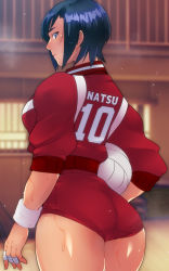 Rule 34 | 1girl, ayuhara natsu, bandaged fingers, bandages, blurry, blurry background, blush, breasts, capcom, closed mouth, collared jacket, cropped legs, em (totsuzen no hakike), female focus, hands on own head, hands on own hips, jacket, justice gakuen, lips, nose, pantylines, red jacket, red shorts, shiny skin, shiritsu justice gakuen, short hair, shorts, solo, sports jacket, sportswear, standing, tape, thick thighs, thighs, turning head, wide hips, window