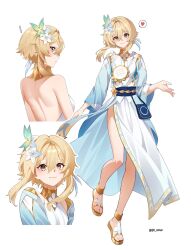 ! 1girl alternate_costume backless_dress backless_outfit bare_back blonde_hair blue_dress breasts bug butterfly butterfly_on_head closed_mouth commentary dress feet flower genshin_impact gradient_clothes gradient_dress green_butterfly hair_between_eyes hair_flower hair_ornament hashtag-only_commentary heart highres insect jk_4140 legs long_sleeves looking_at_viewer looking_back lumine_(genshin_impact) medium_breasts multiple_views sandals short_hair_with_long_locks simple_background smile speech_bubble spoken_heart toenails toes twitter_username white_background white_dress white_flower yellow_eyes