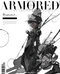 1girl barcode black_bodysuit bodysuit cable character_request commentary copyright_request dark-skinned_female dark_skin english_text expressionless facial_tattoo from_side full_body gun helm helmet highres impaled number_tattoo ric_li robot short_hair solo symbol-only_commentary tattoo watermark weapon weibo_watermark white_background white_hair