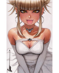 bags_under_eyes bare_shoulders blonde_hair blunt_bangs boku_no_hero_academia breasts cleavage double_bun dress fangs hair_bun jewelry messy_hair narrowed_eyes necklace omar_dogan slit_pupils toga_himiko tongue tongue_out wedding_dress yellow_eyes
