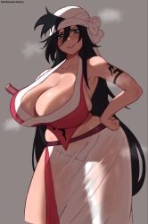 Rule 34 | 1girl, amputee, arm tattoo, artist name, bandaged arm, bandaged head, bandages, bare shoulders, black hair, bleach, blush, breasts, collarbone, freddyhalloween, grey background, hand on own hip, highres, huge breasts, large breasts, long hair, looking at viewer, shiba kuukaku, sideboob, simple background, steam, tattoo, thick thighs, thighs