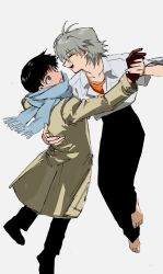 Rule 34 | 2boys, a12740807, arm around waist, arm up, barefoot, black pants, black shoes, blue scarf, brown eyes, brown gloves, brown hair, closed eyes, coat, collarbone, collared shirt, crew neck, dancing, full body, gloves, grey hair, highres, holding hands, ikari shinji, long sleeves, looking at another, male focus, multiple boys, nagisa kaworu, neon genesis evangelion, open collar, open mouth, orange shirt, outstretched arm, pants, parted lips, scarf, shirt, shirt tucked in, shoes, short hair, simple background, smile, teeth, white background, white shirt, wing collar, yaoi