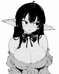 1girl ahoge bare_shoulders black_eyes black_hair blush body_freckles bow breasts choker cleavage commentary dress english_commentary female_goblin freckles frilled_choker frilled_dress frills goblin greyscale highres large_breasts long_hair looking_to_the_side miregeist monochrome off-shoulder_dress off_shoulder open_mouth original pointy_ears solo upper_body white_background