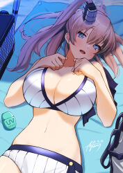1girl ayuman bikini blue_eyes breasts brown_hair cleavage hair_between_eyes high_side_ponytail highres kantai_collection large_breasts long_hair looking_at_viewer lying navel official_alternate_costume on_back ribbed_bikini saratoga_(kancolle) saratoga_(swimsuit)_(kancolle) side_ponytail sidelocks smokestack smokestack_hair_ornament solo swimsuit white_bikini