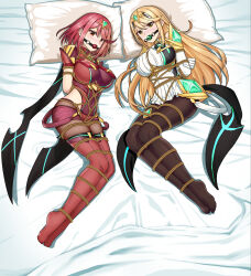 2girls absurdres arms_behind_back ball_gag black_pantyhose blonde_hair blush breasts dress frown gag gagged highres large_breasts long_hair looking_at_viewer lying microdress multiple_girls mythra_(xenoblade) no_shoes on_side pantyhose pyra_(xenoblade) red_bodystocking red_eyes red_hair red_shorts red_thighhighs restrained shibari shorts smile thighhighs white_dress wiffle_gag xenoblade_chronicles_(series) xenoblade_chronicles_2 yellow_eyes yukumo_no_ki