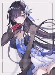 1girl black_border black_hair black_sleeves black_thighhighs blue_eyes blunt_bangs border breasts cowboy_shot dress dutch_angle floating_hair frilled_sleeves frills gloves gradient_clothes gradient_dress headpiece highres honkai:_star_rail honkai_(series) hysilens_(honkai:_star_rail) long_hair long_sleeves medium_breasts nukoxx_02 red_gloves see-through_clothes see-through_sleeves short_dress shrug_(clothing) solo thighhighs watermark
