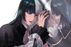 Rule 34 | 1boy, 1girl, against mirror, androgynous, black hair, black jacket, black nails, black trim, blue eyes, blunt bangs, bow, brother and sister, commentary request, crossdressing, crossdressing (ftm), crossdressing (mtf), dress, dress bow, frilled dress, frills, grey bow, highres, jacket, jiip stomach, kamen rider, kamen rider gavv (series), long hair, mirror, mirror twins, multicolored hair, multicolored nails, one eye covered, open mouth, siblings, siita stomach, syatimaru36, tokusatsu, twins, two-tone hair, upper body, white background, white dress, white hair, white nails