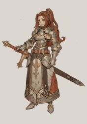 1girl :| arm_at_side armor armored_dress blush breastplate brown_eyes brown_hair closed_mouth dress expressionless forehead full_body gauntlets hair_intakes half_updo high_ponytail highres holding holding_sword holding_weapon knight looking_at_viewer nrcgray original pauldrons ponytail sabaton shoulder_armor sidelocks simple_background solo sword vambraces weapon white_background