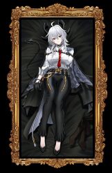 Rule 34 | 1girl, arm pouch, black background, black choker, black footwear, black gloves, black horns, black jacket, black pants, black pantyhose, black pouch, breasts, choker, collared shirt, commentary, curled horns, demon tail, earrings, from above, gloves, hair between eyes, highres, horns, jacket, jewelry, key earrings, large breasts, looking at viewer, lying, necktie, nicky w, on back, pants, pantyhose, parted lips, picture frame, red eyes, red necktie, shirt, solo, tail, tight clothes, tight pants, unworn pantyhose, white hair, white shirt, wuthering waves, zani (wuthering waves)