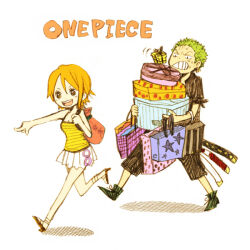 1boy 1girl bag bare_legs bare_shoulders black_shirt black_shorts box camisole commentary_request copyright_name doctorwolke earrings full_body green_hair holding holding_bag holding_box holding_strap jewelry katana miniskirt nami_(one_piece) one_piece open_mouth orange_hair pleated_skirt pointing pointing_forward roronoa_zoro running sandals sheath sheathed shirt shopping_bag short_hair shorts simple_background single_sidelock skirt sweat sword teeth weapon white_background yellow_camisole