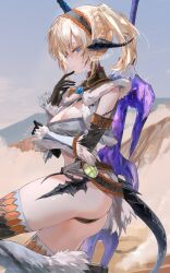 Rule 34 | 1girl, absurdres, armor, ass, au ra, bikini armor, black gloves, black hairband, black horns, black tail, blonde hair, blue eyes, cowboy shot, fake horns, final fantasy, final fantasy xiv, from side, fur trim, gloves, hairband, highres, horned headwear, horns, kirin (armor), midriff, monster hunter (character), monster hunter (series), navel, outdoors, seven-branched sword, shikina (mochigushi ), signature, smile, solo, strapless, tube top, warrior of light (ff14), weapon, weapon on back