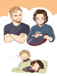 2boys ^^^ animification artist_name beard black_shirt blonde_hair blue_eyes blue_shirt blush brown_hair brown_pants closed_eyes closed_mouth commentary_request couch crossed_arms facial_hair holding holding_shield john_walker_(marvel) long_sleeves looking_at_another looking_at_object lying male_focus marvel marvel_cinematic_universe multiple_boys multiple_views no_mouth on_couch on_side pants puffy_long_sleeves puffy_sleeves sak3e_nor31i sentry_(marvel) shield shirt short_hair short_sleeves simple_background sleeping smile t-shirt thunderbolts_(movie) watermark white_background