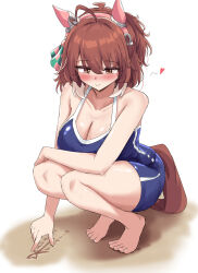 Rule 34 | 1girl, absurdres, animal ears, barefoot, blue one-piece swimsuit, breasts, brown eyes, brown hair, cleavage, commentary request, dantsu flame (umamusume), gryebooks, highres, horse ears, horse girl, horse tail, large breasts, multicolored hair, one-piece swimsuit, school swimsuit, simple background, solo, squatting, swimsuit, tail, toes, tracen swimsuit, two-tone hair, umamusume, white background, white hair