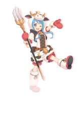 1girl :d animal_print bell blue_hair blush braid child cow_hood cow_print cowbell drop_shadow full_body fur-trimmed_mittens fur_trim holding holding_polearm holding_weapon long_hair long_sidelocks looking_at_viewer mahiru_(princess_connect!) mittens official_art one_eye_closed open_mouth polearm princess_connect! purple_eyes red_mittens red_shoes shirt shoes short_sleeves shorts sidelocks simple_background smile solo standing standing_on_one_leg star-shaped_pupils star_(symbol) swept_bangs symbol-shaped_pupils tachi-e transparent_background trident weapon white_shirt white_shorts