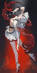 1girl absurdres arm_up blue_eyes breasts camellya_(wuthering_waves) collar commentary crazy_smile dress english_commentary from_behind full_body hair_between_eyes hair_vines heterochromia highres looking_at_viewer open_mouth red_background red_eyes red_pupils rhine_(overtonerhine) short_hair sideless_dress small_breasts smile solo unfinished white_collar white_dress white_hair wuthering_waves
