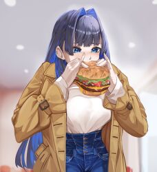 1girl absurdres black_hair blue_eyes blue_hair blue_pants bread brown_coat burger cheese coat colored_inner_hair denim eating food hair_intakes high-waist_pants highres holding holding_burger holding_food hololive hololive_english jeans koizumi_arata lettuce long_hair meat multicolored_hair official_alternate_costume ouro_kronii ouro_kronii_(casual) pants solo sweater sweater_tucked_in tomato tomato_slice trench_coat virtual_youtuber white_sweater