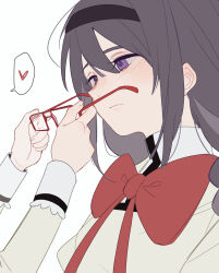 Rule 34 | 2girls, akemi homura, an9, black hairband, bow, bowtie, braid, chinese commentary, closed mouth, collared shirt, commentary request, expressionless, eyelashes, fingernails, frilled sleeves, frills, glasses, grey hair, hair between eyes, hairband, heart, high collar, highres, holding, holding removed eyewear, implied yuri, light blush, light frown, lips, long hair, looking at another, low twin braids, mahou shoujo madoka magica, mahou shoujo madoka magica (anime), mitakihara school uniform, multiple girls, pointy nose, purple eyes, red-framed eyewear, red bow, red bowtie, removing eyewear, school uniform, shirt, simple background, solo focus, spoken heart, twin braids, unworn eyewear, upper body, white background, white sleeve cuffs, yellow shirt