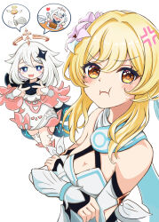 2girls absurdres anger_vein bare_shoulders blonde_hair blue_eyes blush breasts constellation_print dress flower fork genshin_impact hair_between_eyes hair_flower hair_ornament halo highres long_sleeves looking_at_viewer lumine_(genshin_impact) medium_breasts multiple_girls open_mouth paimon_(genshin_impact) pout romper short_hair_with_long_locks sidelocks smile spoken_character tq_amatouchan white_background white_dress white_flower white_hair white_romper yellow_eyes