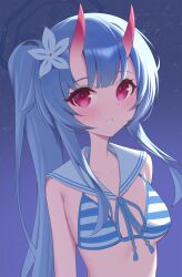 1girl absurdres bare_shoulders bikini blue_archive blue_hair blue_halo blue_ribbon blush breasts chise_(blue_archive) chise_(swimsuit)_(blue_archive) flower hair_flower hair_ornament halo highres horns jei_(user_tckk7448) long_hair official_alternate_costume red_eyes ribbon sailor_collar skin-covered_horns small_breasts solo striped_bikini striped_clothes swimsuit upper_body white_sailor_collar