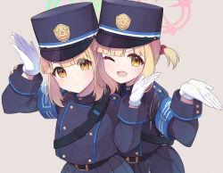 2girls alternate_eye_color armband backpack bag belt belt_buckle black_belt blonde_hair blue_archive blue_armband blue_hat blue_jacket blue_shorts blue_skirt blunt_bangs blush bow brown_background buckle buttoned_cuffs buttons charm_(object) closed_mouth commentary cosplay double-breasted eyes_visible_through_hair front-to-back gloves green_halo hair_bow halo hand_on_another&#039;s_shoulder hands_up hat highres hikari_(blue_archive) hikari_(blue_archive)_(cosplay) jacket kataage_(kataage_okashi_koujou) long_sleeves looking_at_viewer midori_(blue_archive) momoi_(blue_archive) multiple_girls nozomi_(blue_archive) nozomi_(blue_archive)_(cosplay) one_eye_closed open_mouth parted_bangs peaked_cap pink_halo red_bow short_hair short_twintails shorts siblings sidelocks simple_background sisters skirt smile tareme teeth twins twintails upper_body upper_teeth_only whistle white_gloves yellow_eyes
