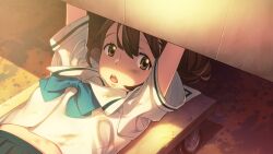 1girl blue_bow blue_skirt blue_stripes bow brown_eyes brown_hair chest_bow chuo_tanegashima_high_school_uniform dirty dirty_clothes from_above fukuda_tomonori game_cg grease_(mechanical) hair_between_eyes high-waist_skirt high_ponytail highres looking_at_viewer lying mechanic midriff_peek non-web_source official_art on_back open_mouth pleated_skirt ponytail robotics;notes sailor_collar school_uniform senomiya_akiho shiny_eyes shirt short_sleeves skirt solo sunset teeth tongue upper_teeth_only wheel white_sailor_collar white_shirt