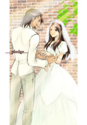 Rule 34 | 10s, 1boy, 1girl, bad id, bad pixiv id, bridal veil, brown eyes, brown hair, couple, dress, elbow gloves, facial hair, gloves, hetero, ichikawa makoto, kaburagi t. kotetsu, kaburagi tomoe, long hair, short hair, stubble, tiger &amp; bunny, veil, wedding, wedding dress