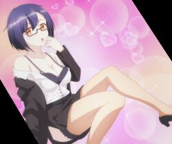 1girl arm_support black_bra black_panties bra breasts cleavage feet finger_to_mouth formal_clothes glasses heart high_heels highres large_breasts legs looking_at_viewer nias_carlin office_lady open_clothes open_mouth orange_eyes ore_wa_seikan_kokka_no_akutoku_ryoushu! panties pantyhose purple_hair short_hair sitting skirt solo sparkle stitched thighs third-party_edit underwear