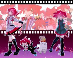 +_+ 2-daime_enma_(synthesizer_v) 6+girls ^_^ ahoge akage_(vocaloid) anniversary arm_tattoo artist_name bag black_boots black_shirt black_skirt boots bow candycookiechocolate_(vocaloid) chibi closed_eyes collared_shirt colored_skin daidaidaidaidaikirai detached_sleeves dragon drill_hair film_reel film_strip flat_chest fumble!_(synthesizer_v) grey_jacket grey_skirt grin hair_bow hat highres holding holding_microphone igaku_(utau) jacket jitome kasane_teto kasane_teto_(sv) kasane_teto_(utau) long_sleeves looking_at_viewer mcdonald&#039;s mesmerizer_(vocaloid) microphone multiple_girls multiple_persona musekinin_shuugoutai_(synthesizer_v) necktie obsolete_meat_(vocaloid) odochina_(vocaloid) ofuda open_mouth red_eyes red_hair red_skin science_(synthesizer_v) sharp_teeth shirt short_hair skirt sleeveless sleeveless_shirt smile sparkle stuffed_animal stuffed_rabbit stuffed_toy suki_na_souzai_happyou_dragon_(utau) synthesizer_v tattoo teeth tetoris_(synthesizer_v) thigh_boots torino_sasami twin_drills utau