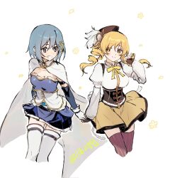 2girls black_corset black_gloves blonde_hair blue_eyes blue_hair corset fingerless_gloves gloves highres llbzqsj long_hair magical_girl mahou_shoujo_madoka_magica medium_hair miki_sayaka miki_sayaka_(magical_girl) multiple_girls thighhighs tomoe_mami tomoe_mami_(magical_girl) white_gloves yellow_eyes