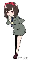1girl brown_eyes brown_hair closed_mouth do_m_kaeru full_body hair_ribbon index_finger_raised jewelry looking_at_viewer mole mole_under_mouth necklace necktie persona persona_1 ribbon school_uniform short_hair simple_background skirt smile socks solo sonomura_maki st._hermelin_school_uniform twitter_username white_background