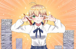 1girl ahoge artoria_pendragon_(fate) blonde_hair blue_skirt blush bowl breasts chopsticks double_v emotional_engine_-_full_drive fate/grand_order fate/stay_night fate_(series) food food_on_face green_eyes highres medium_breasts rice rice_bowl rice_on_face saber_(fate) shirt sii_artatm skirt solo v white_shirt