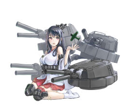 1girl absurdres aircraft airplane black_hair breasts commentary detached_sleeves fusou_(kancolle) hair_ornament headgear highres kangoku_kou kantai_collection large_breasts long_hair open_mouth red_eyes rigging ship_turret simple_background sitting solo white_background white_sleeves wide_sleeves
