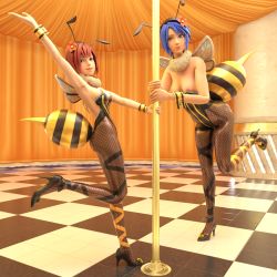 2girls 3d antennae aqua_(kingdom_hearts) arthropod_girl bee_costume bee_girl blue_hair breasts cosplay fake_antennae fake_wings final_fantasy final_fantasy_vii fishnet_pantyhose fishnets high_heels highleg highleg_leotard highres honey_bee_inn insect_girl kairi_(kingdom_hearts) kingdom_hearts leotard multiple_girls nipples pantyhose red_hair stinger usbsantiago wings