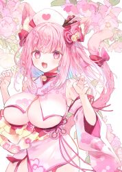 Rule 34 | 1girl, :3, absurdres, animal ear fluff, animal ears, bell, blush, bow, breast curtains, breasts, cat ears, cat girl, cat tail, cleavage, cowboy shot, detached sleeves, fang, floral print, floral print kimono, flower, hair bell, hair ornament, hat, heart, highres, indie virtual youtuber, japanese clothes, jingle bell, kimono, kouya no naga samurai, large breasts, long hair, looking at viewer, miniskirt, mole, mole on breast, neck bell, nekoto rina, nurse cap, obi, open mouth, paw pose, pink eyes, pink flower, pink garter straps, pink hair, pink kimono, pink tail, print kimono, revealing clothes, sagging breasts, sash, skirt, smile, solo, tail, tail bow, tail ornament, tenshouin himeno, tenshouin himeno (1st costume), underboob, virtual youtuber, wide sleeves